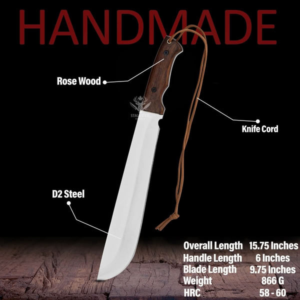 Handmade D2 machete knife infographic showing Ironwood handle, D2 steel blade, knife cord, and product measurements