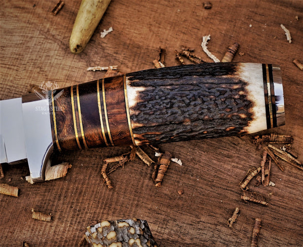 Handmade D2 small hunting knife with compact blade-stag-horn-handle
