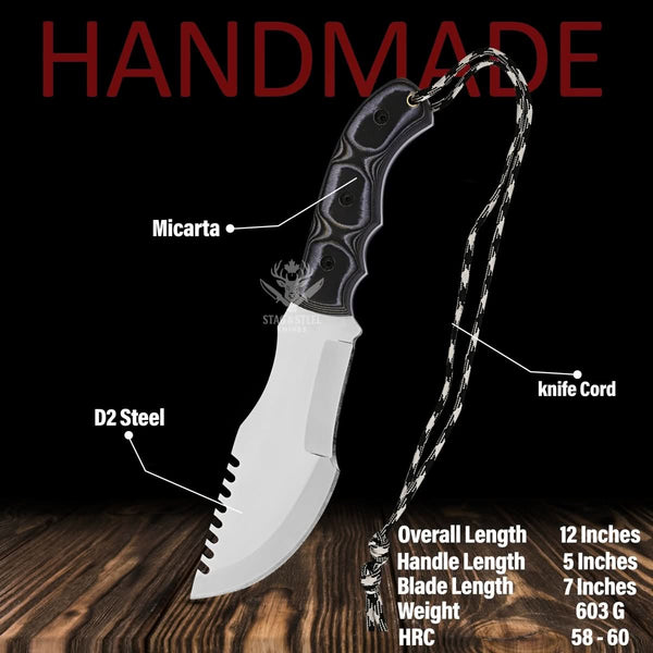 Handmade D2 tracker knife infographic showing black Micarta handle, D2 steel blade, knife cord, 12 inch overall length, and 58 to 60 HRC hardness