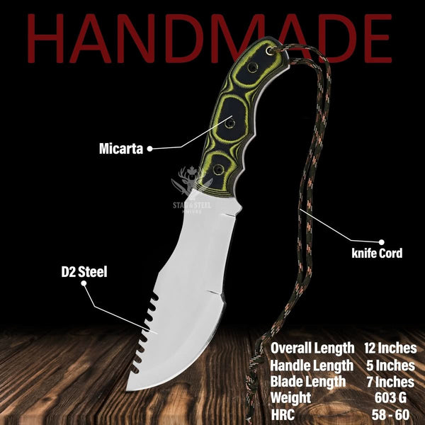 Handmade D2 tracker knife infographic showing Micarta handle, D2 steel blade, knife cord, 12 inch overall length, and 58 to 60 HRC hardness