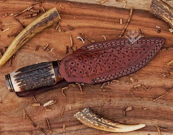 Handmade small Damascus hunting knife with leather sheath