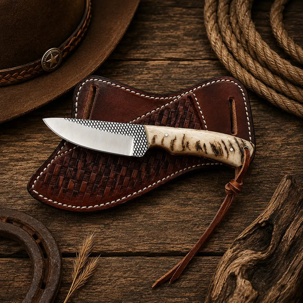 Sheep horn handle detail on handmade farrier rasp skinner showing natural cream colour, subtle grain texture, heat-treated polish, and durable handle construction.