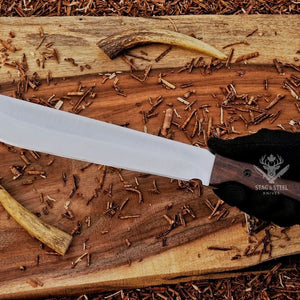 Close-up of Ironwood handle on full tang D2 machete knife with handle pins and lanyard hole