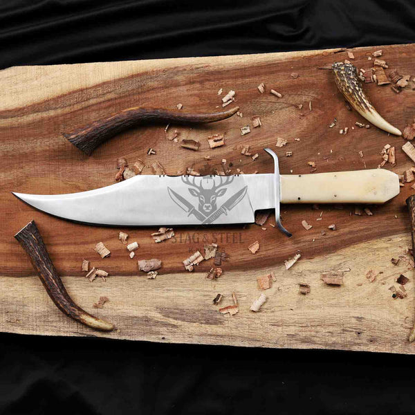 Full-length Juan Padillo D2 Bowie knife with camel bone handle and clip-point blade