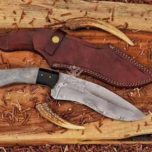 Handmade Kukri Bowie knife displayed with genuine leather sheath