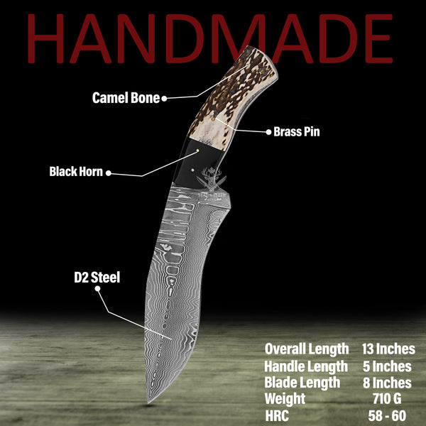 Razor sharp edge detail of Damascus Kukri Bowie hunting knife