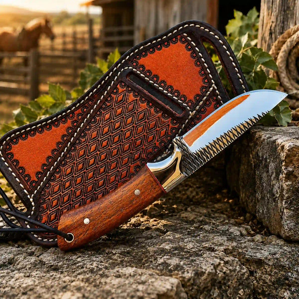 A fixed-blade knife with a polished steel blade and brown wooden handle rests against its matching brown leather sheath on a stone surface, with a rustic outdoor background.