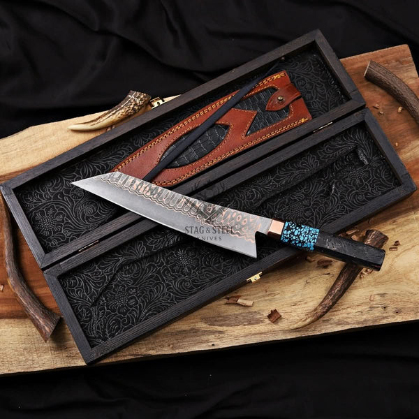 Personalized Cu Mai Damascus Chef Knife  - Carbon Fiber Handle