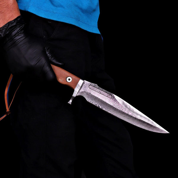 Movie style handmade Damascus bowie knife with brown micarta handle