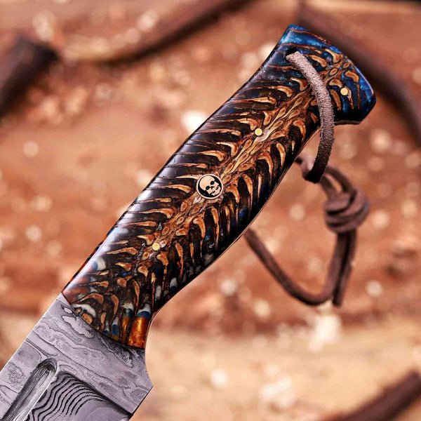 Pine cone handle with copper Masonic skull pin on tanto knife