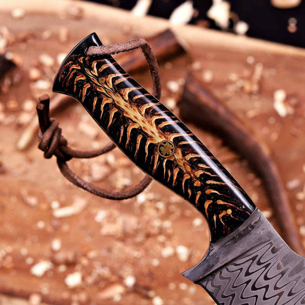 Black pine cone handle with maple leaf Masonic pin on Damascus knife