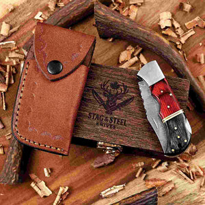 Red & Black Damascus Folding Knife | Handmade EDC Blade with box and pounch