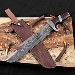 Predator handmade Damascus bowie knife with wenge handle and leather sheath