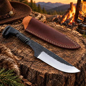 Hand forged railroad spike knife with spike head pommel and leather sheath