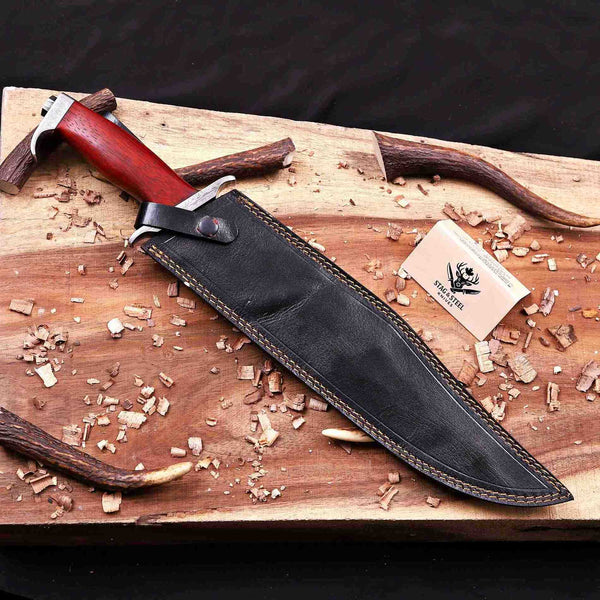 Rambo III Damascus bowie knife with black cowhide leather sheath