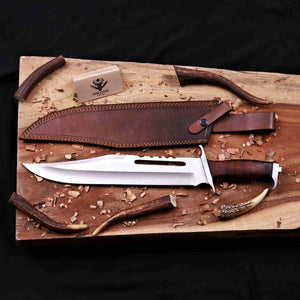 Rambo III D2 bowie knife with brown cowhide leather sheath