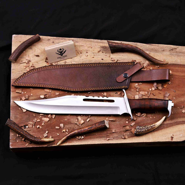 Rambo III D2 bowie knife with brown cowhide leather sheath