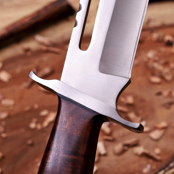Steel guard and rosewood handle detail on Rambo III D2 bowie