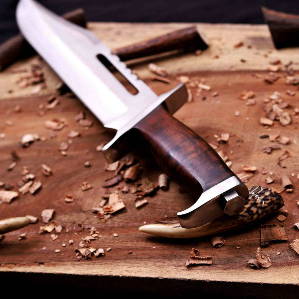 Close-up of steel pommel on hand-forged Rambo III D2 bowie