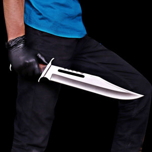 Rambo III D2 tool steel bowie knife held showing polished edge