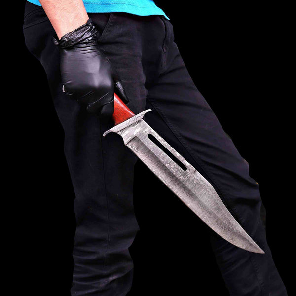 Hand-held Rambo III VG10 Damascus bowie knife with 12 inch blade