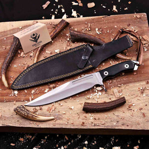Rambo Last Blood style D2 steel bowie knife with black leather sheath and Stag Steel Knives care card