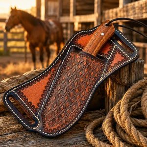 A western-style leather sheath with a tooled diamond pattern and a wooden handle, displayed on a rustic wooden post with a rope coil in the foreground and a horse in the blurred background.