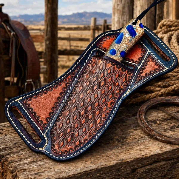 A hand-tooled leather sheath with intricate geometric patterns and white stitching, featuring a decorative handle with blue accents, resting on a rustic wooden surface with a blurred western background.