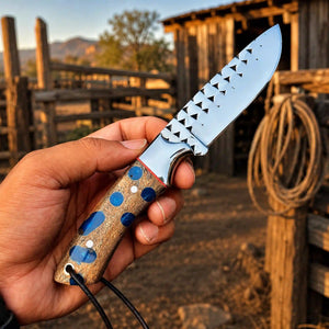 A hand holds a fixed-blade knife with a silver serrated blade and a textured tan handle with blue and white polka dots, set against a rustic outdoor background of a wooden barn and fence.
