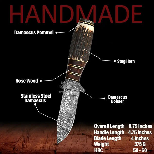 Small hunting knife with Damascus steel blade
