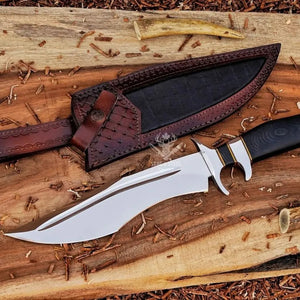 Survival bowie knife with protective leather sheath