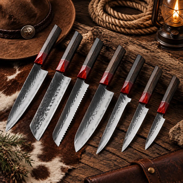 Stag Steel 7-piece Japanese kitchen knife set with red and dark wood handles