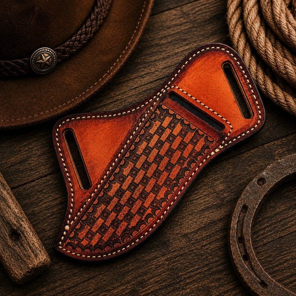 Hand-tooled basketweave leather pancake sheath cut for crossdraw cowboy knife carry