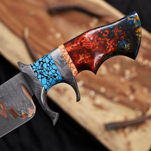 Copper damascus bowie knife's turquoise & Exotic resin handle  Close Up