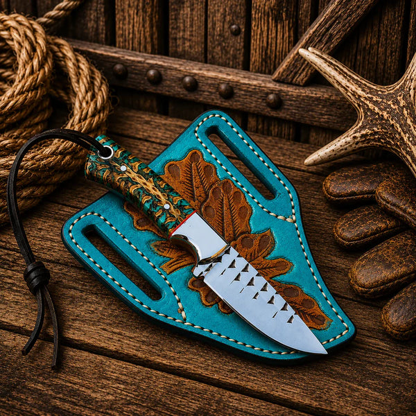 A fixed-blade knife with a silver blade and a carved wooden handle rests on a turquoise leather sheath with brown leaf embroidery, set on a rustic wooden surface with rope, stones, and antler props.