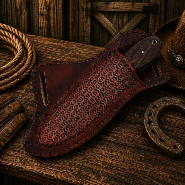 Brown leather boot jack with intricate pattern on a wooden surface with rope and horseshoe.