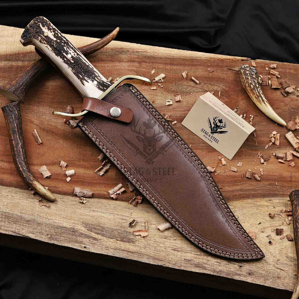 Wild West D2 bowie knife with stag antler handle and brass guard