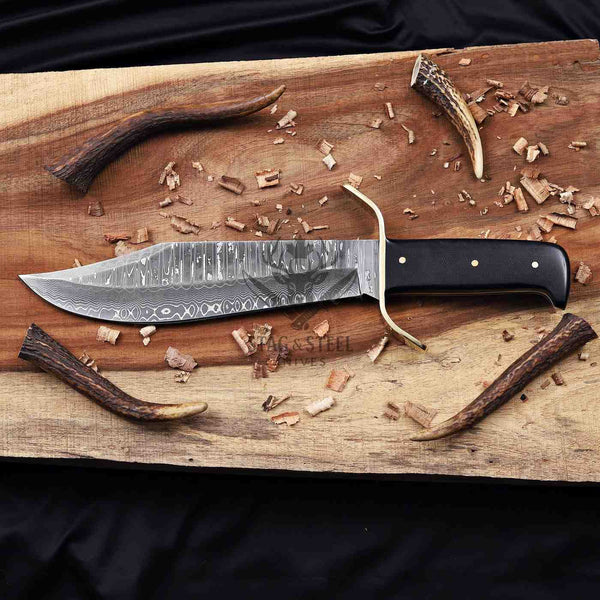 Wild West Damascus bowie knife with brass guard and black G10 handle
