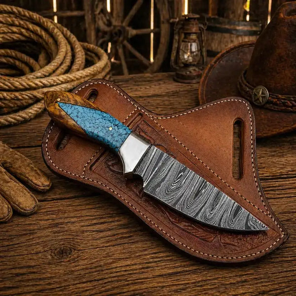 Knife with a blue blade and silver handle in a brown leather sheath on a wooden surface with rustic background.